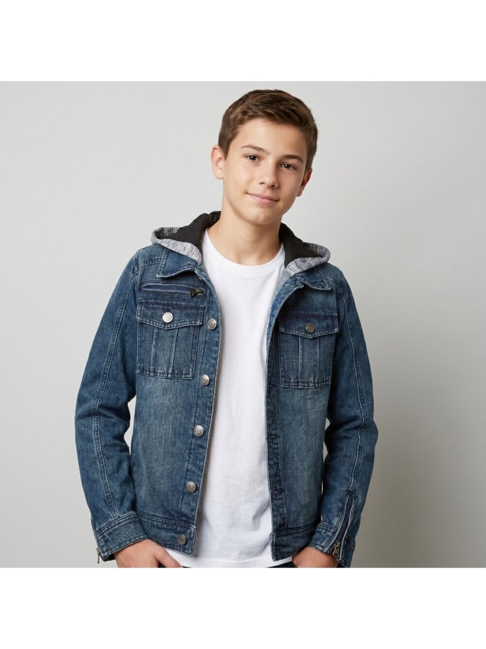 Urban Republic Boy's Washed Blue Denim Jacket with Fleece Hood size L 14-16 NWT